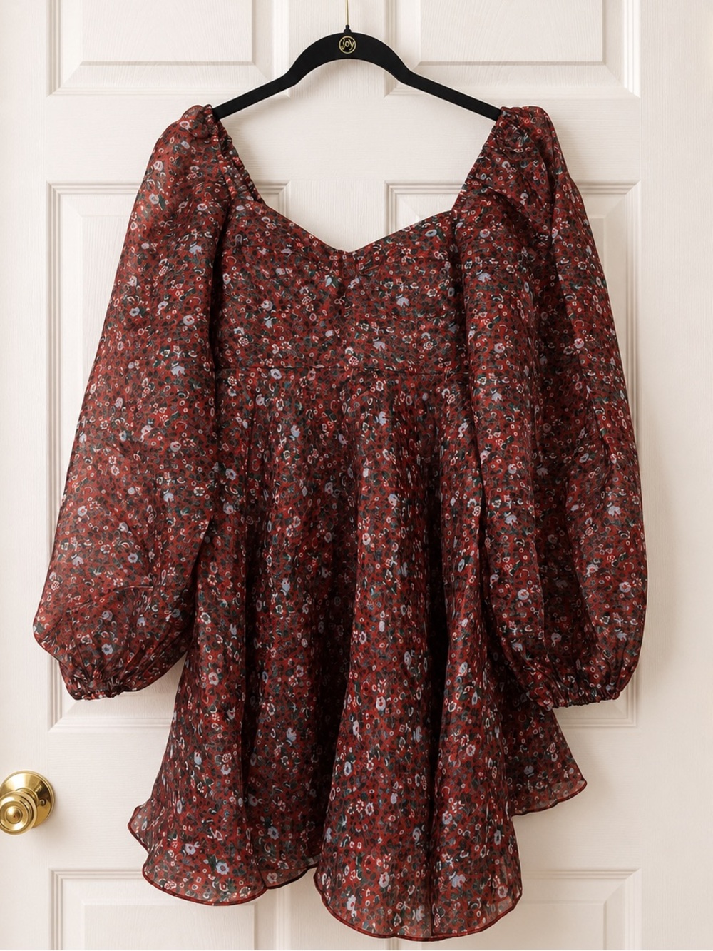Selkie Crimson Princess Organza Mini Dress with Puff Sleeves